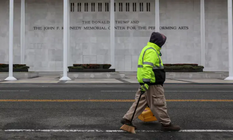 A worker walks in front of the recently renamed Donald J. Trump and John F. Kennedy Memorial Centre for the Performing Arts in Washington DC. – Reuters A worker walks in front of the recently renamed Donald J. Trump and John F. Kennedy Memorial Centre for the Performing Arts in Washington DC. – Reuters