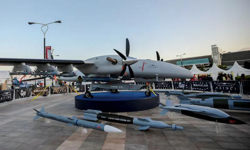 A Bayraktar Akinci unmanned combat aerial vehicle is exhibited at Teknofest aerospace and technology festival in Baku, Azerbaijan. &ndash; Reuters file
