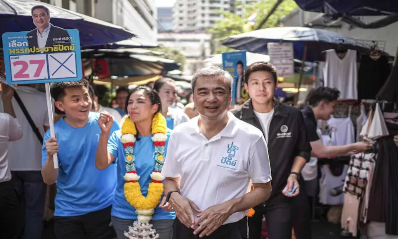 Democrat Party leading prime ministerial candidate Abhisit Vejjajiva smiles during an election campaign rally ahead of the February 8 general election in Bangkok, Thailand. &ndash; Reuters