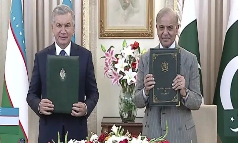 Prime Minister Shehbaz Sharif and Uzbek President Shavkat Mirziyoyev.