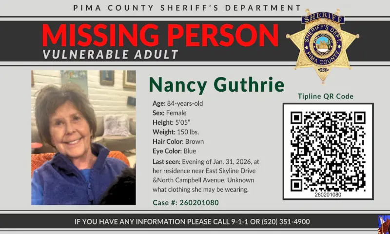 A notice circulated by the Pima County Sheriff&rsquo;s Office requests information on the disappearance of Nancy Guthrie, the 84-year-old mother of U.S. journalist and television host Savannah Guthrie, who went missing from her home in Tucson, Arizona, US. &ndash; Reuters