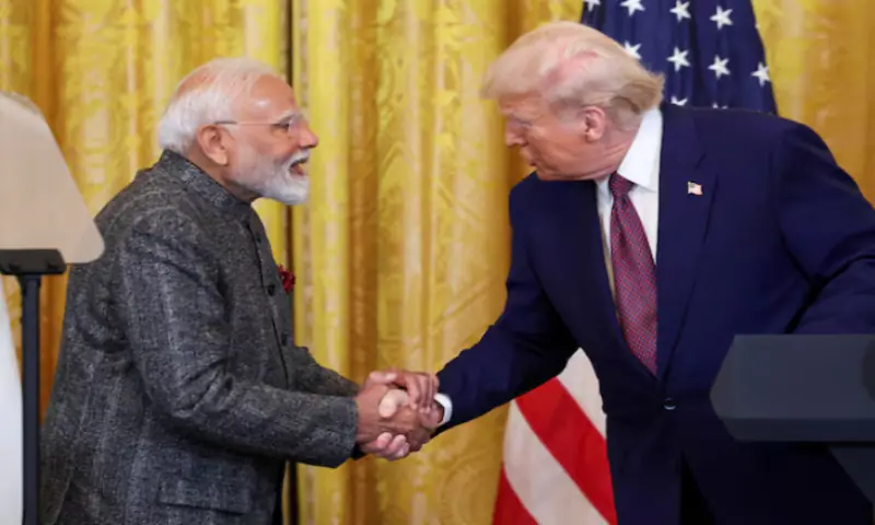 US President Donald Trump and Indian Prime Minister Narendra Modi shake hands as they attend a joint press conference at the White House in Washington, DC, US &ndash; Reuters