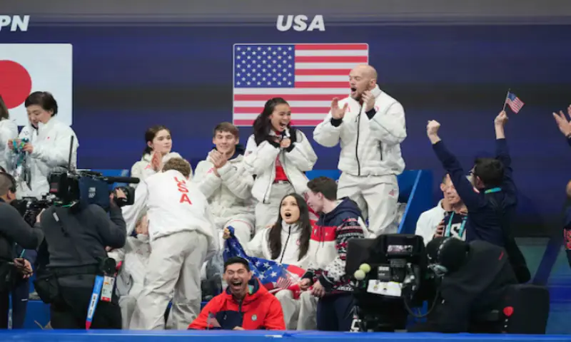 Milan, Italy; Team United States of America celebrates winning the gold in the figure skating team event during the Milano Cortina 2026 Olympic Winter Games at Milano Ice Skating Arena. &ndash; Reuters
