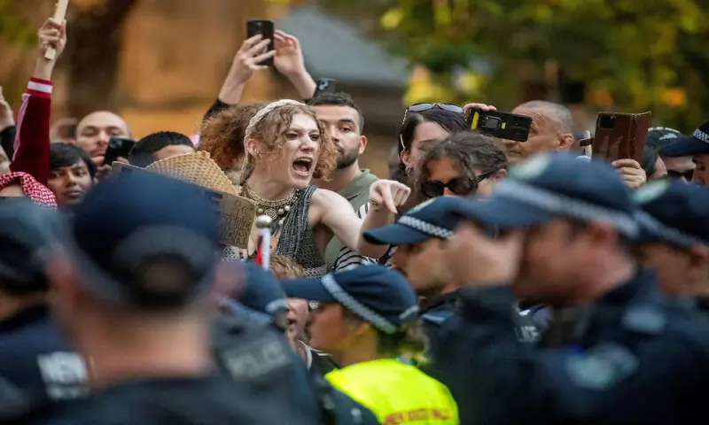 A woman reacts as demonstrators gather at Town Hall Square to protest against Israeli President Isaac Herzog&rsquo;s visit to Australia in Sydney, Australia. &ndash; Reuters