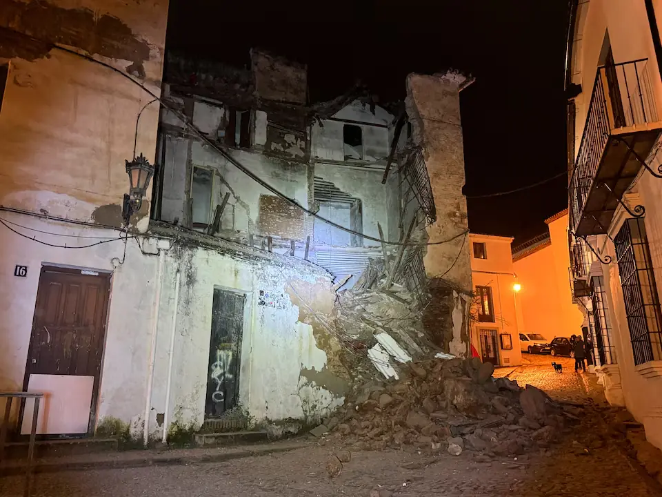 Debris of the facade of a house in ruins in the historic centre after it collapsed around midnight due to heavy rains, as Storm Marta hit parts of Spain. &ndash; Reuters
