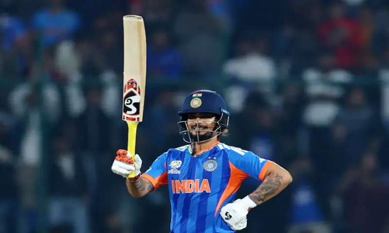 India&rsquo;s Ishan Kishan celebrates after reaching his half-century against Namibia at Arun Jaitley Stadium in New Delhi on February 12, 2026. Reuters