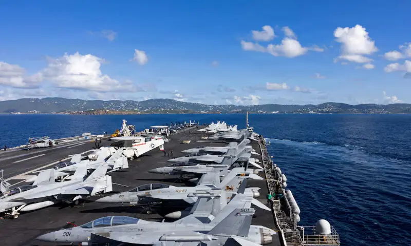 The world&rsquo;s largest aircraft carrier, the US Navy nuclear-powered Ford-class aircraft carrier USS Gerald R. Ford arrives in St. Thomas, US Virgin Islands. &ndash; Reuters file