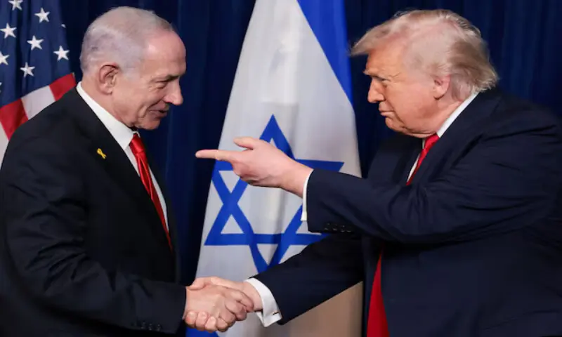 US President Donald Trump points his finger towards Israeli leader Benjamin Netanyahu during a press conference in Palm Beach, Florida, US. &ndash; Reuters file