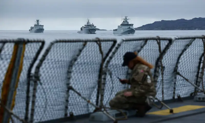 Danish Navy vessels sail near the frigate Niels Juel as Danish and French armed forces perform military drills off the coast of Nuuk, Greenland. &ndash; Reuters file