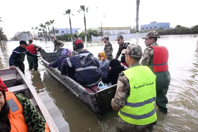 Royal Armed Forces and civil authorities work together to address flooding risks amid rising waters in the Loukkos River, in Ksar El Kebir, Morocco. &ndash; Reuters