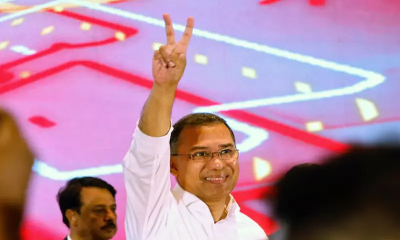 Tarique Rahman, chairman of Bangladesh Nationalist Party, shows victory sign during a press conference, following the BNP&rsquo;s victory in the 13th general election, in Dhaka, Bangladesh, on February 14, 2026. Reuters