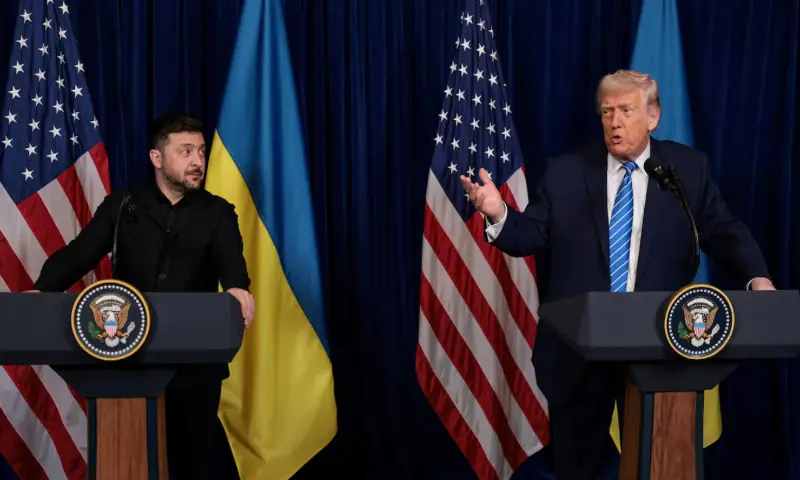 Ukrainian President Volodymyr Zelenskiy listens to U.S. President Donald Trump, after Trump said that Russian President Vladimir Putin expressed willingness to help Ukraine “succeed”, during a press conference at Trump’s Mar-a-Lago club, in Palm Beach, Florida, US. – Reuters Ukrainian President Volodymyr Zelenskiy listens to U.S. President Donald Trump, after Trump said that Russian President Vladimir Putin expressed willingness to help Ukraine “succeed”, during a press conference at Trump’s Mar-a-Lago club, in Palm Beach, Florida, US. – Reuters