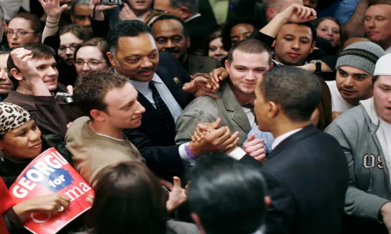 Barack Obama shakes hands with Jackson at his &ldquo;Super Tuesday&rdquo; primary election night rally in Chicago, Illinois, on February 5, 2008. &ndash; Reuters