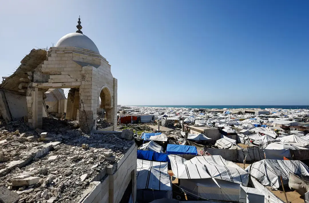 A mosque, destroyed during the two-year Israeli offensives, is surrounded by tents for displaced Palestinians, in Gaza City. &ndash; Reuters