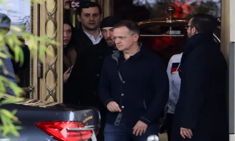 Kremlin aide Vladimir Medinsky walks out of the InterContinental hotel on the day of U.S.-mediated peace talks between Russia and Ukraine, in Geneva, Switzerland, on February 18, 2026. Reuters