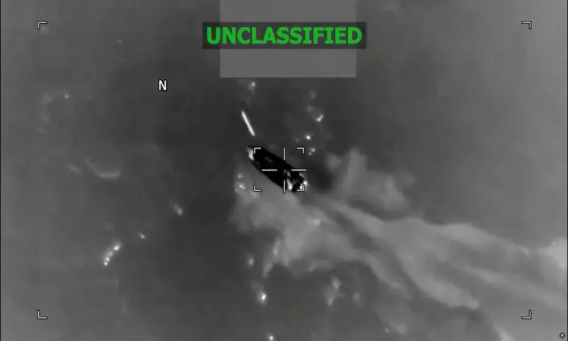 A projectile approaches a vessel during what the US military says was a kinetic strike on a suspected drug trafficking vessel in the Caribbean. &ndash; Reuters