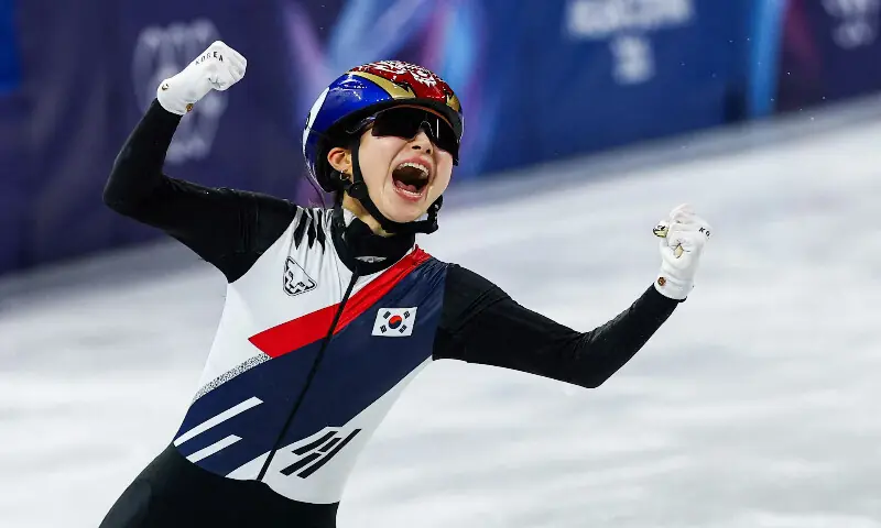 Kim Gilli of South Korea reacts after winning gold medal during the Short Track Speed Skating - Women&rsquo;s 3000m Relay final. &ndash; Reuters