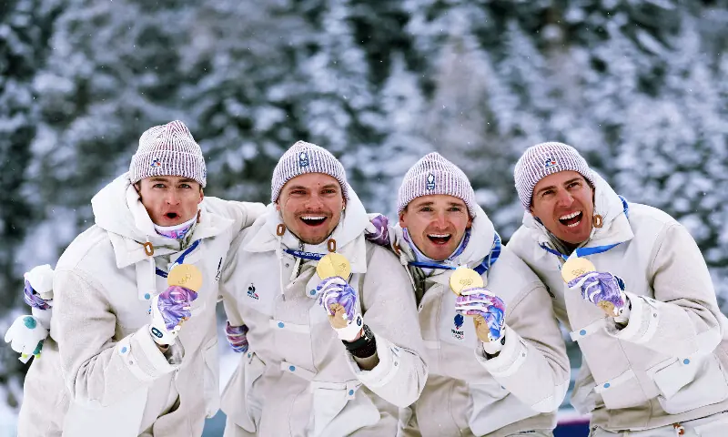 Gold medallists Fabien Claude of France, Emilien Jacquelin of France, Quentin Fillon Maillet of France and Eric Perrot of France celebrate during the victory ceremony for the Biathlon - Men&rsquo;s 4 x 7.5km Relay. &ndash; Reuters