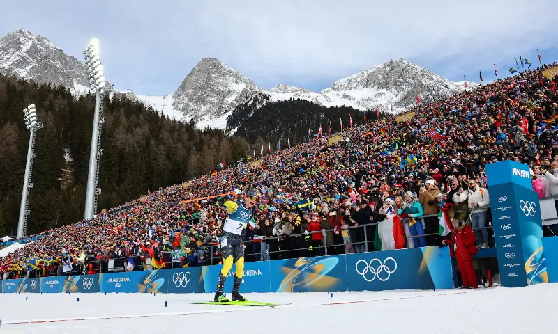 Martin Ponsiluoma of Sweden crosses the finish line to win gold in the Men&rsquo;s 12.5km Pursuit. &ndash; Reuters