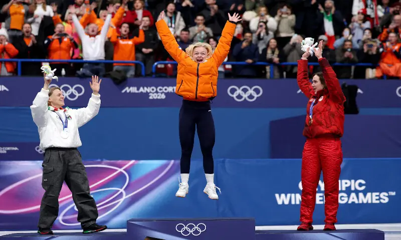 Gold medallist Xandra Velzeboer of Netherlands celebrates on the podium after winning the women&rsquo;s short track speed skating 500m with silver medallist Arianna Fontana of Italy and bronze medallist Courtney Sarault of Canada. &ndash; Reuters