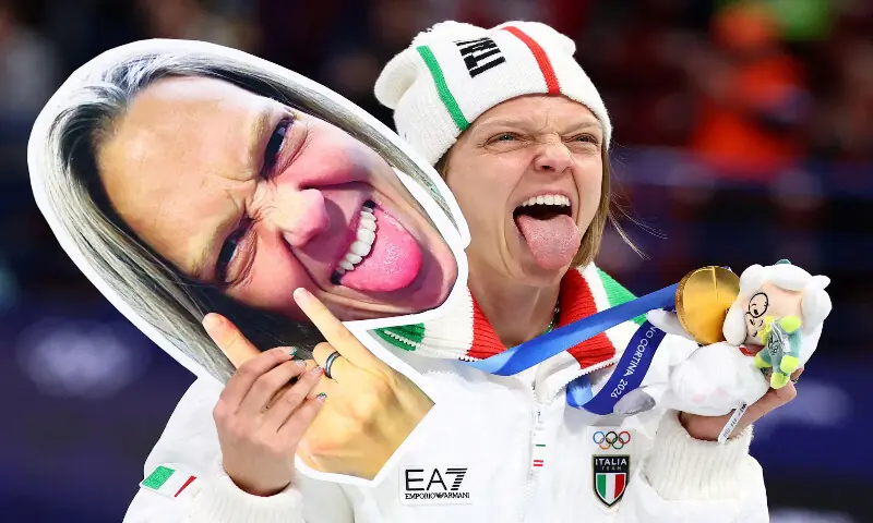 Gold medallist Arianna Fontana of Italy reacts with her face cutout as she celebrates after the short track speed skating final. &ndash; Reuters