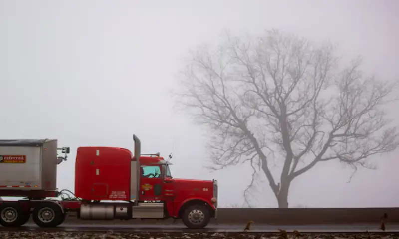 A transport truck travels along Highway 401, a vital trade corridor linking Canada to US markets, Ingersoll, Ontario, Canada. &ndash; Reuters