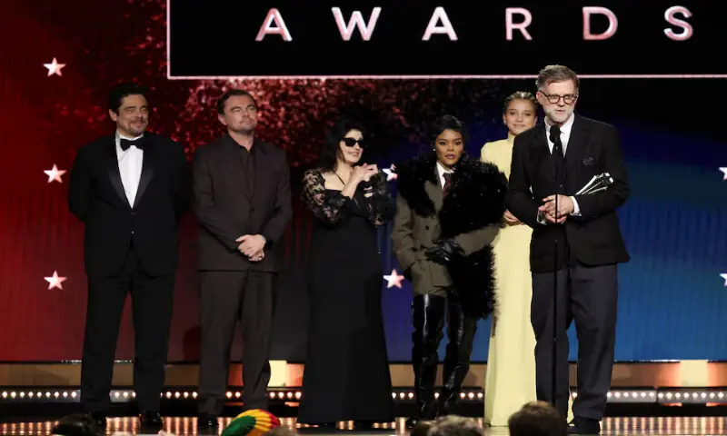 Director Paul Thomas Anderson accepts the Best Picture Award for “One Battle After Another” next to Benicio del Toro, Leonardo DiCaprio, Teyana Taylor, Cassandra Kulukundis, Chase Infiniti, at the 31st Annual Critics Choice Awards in Santa Monica, California. – Reuters Director Paul Thomas Anderson accepts the Best Picture Award for “One Battle After Another” next to Benicio del Toro, Leonardo DiCaprio, Teyana Taylor, Cassandra Kulukundis, Chase Infiniti, at the 31st Annual Critics Choice Awards in Santa Monica, California. – Reuters