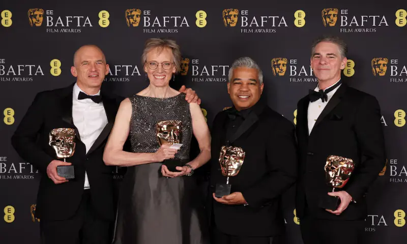 Al Nelson, Gwendolyn Yates Whittle, Juan Peralta and Gareth John, pose with Sound Award for ‘F1’ at the 2026 British Academy of Film and Television Awards at the Royal Festival Hall in the Southbank Centre, London, Britain. – Reuters Al Nelson, Gwendolyn Yates Whittle, Juan Peralta and Gareth John, pose with Sound Award for ‘F1’ at the 2026 British Academy of Film and Television Awards at the Royal Festival Hall in the Southbank Centre, London, Britain. – Reuters