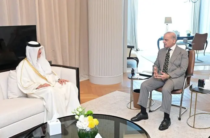 Minister of State for Foreign Trade of Qatar, Dr Ahmed bin Mohammed Al-Sayed, and Prime Minister Shehbaz Sharif. &ndash; APP