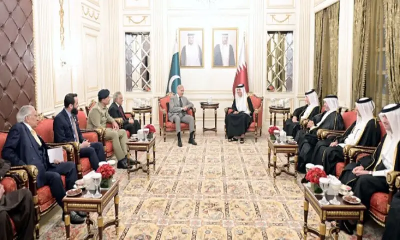 Prime Minister Shehbaz Sharif and Qatar’s Prime Minister and Foreign Minister Mohammed bin Abdulrahman bin Jassim Al Thani during a meeting in Doha. Radio Pakistan Prime Minister Shehbaz Sharif and Qatar’s Prime Minister and Foreign Minister Mohammed bin Abdulrahman bin Jassim Al Thani during a meeting in Doha. Radio Pakistan