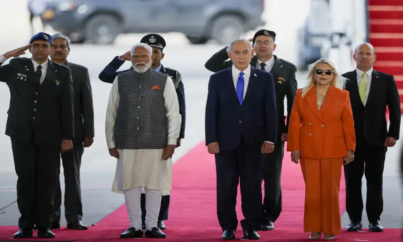 India’s Prime Minister Narendra Modi, Israel’s leader Benjamin Netanyahu and Netanyahu’s wife Sara Netanyahu attend a welcome ceremony upon Modi’s arrival at Ben Gurion International Airport in Lod, near Tel Aviv. – Reuters India’s Prime Minister Narendra Modi, Israel’s leader Benjamin Netanyahu and Netanyahu’s wife Sara Netanyahu attend a welcome ceremony upon Modi’s arrival at Ben Gurion International Airport in Lod, near Tel Aviv. – Reuters