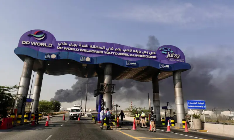 Smoke billows from Jebel Ali port after an Iranian attack on Sunday. &ndash; Reuters