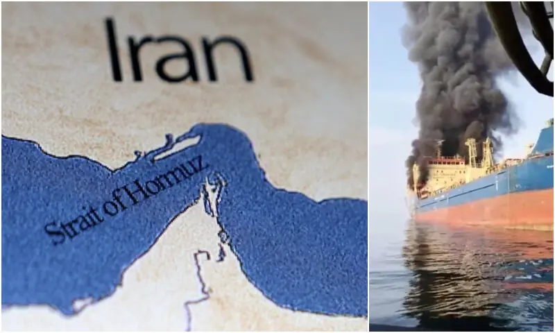 Smoke billows from an oil tanker under U.S. sanctions, which was hit off Oman&rsquo;s Musandam peninsula, in this screen grab from a video obtained by Reuters on March 1, 2026.