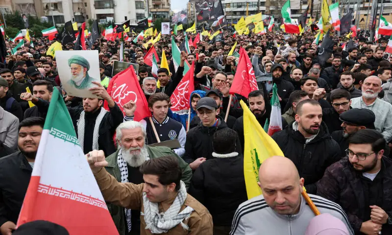 Hezbollah supporters rally in solidarity with Iran after US and Israeli strikes killed Iranian Supreme Leader Ayatollah Ali Khamenei, in Beirut, Lebanon. &ndash; Reuters