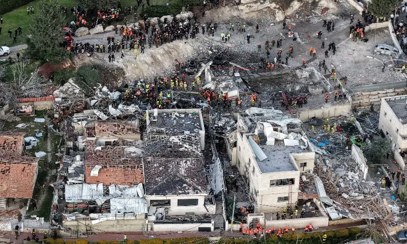 A drone view of the scene of a deadly Iranian missile strike in Beit Shemesh, Israel. &ndash; Reuters