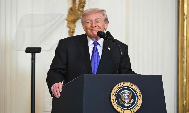 US President Donald Trump speaks during a Medal of Honor ceremony in the East Room of the White House on March 2, 2026, in Washington, DC. AFP