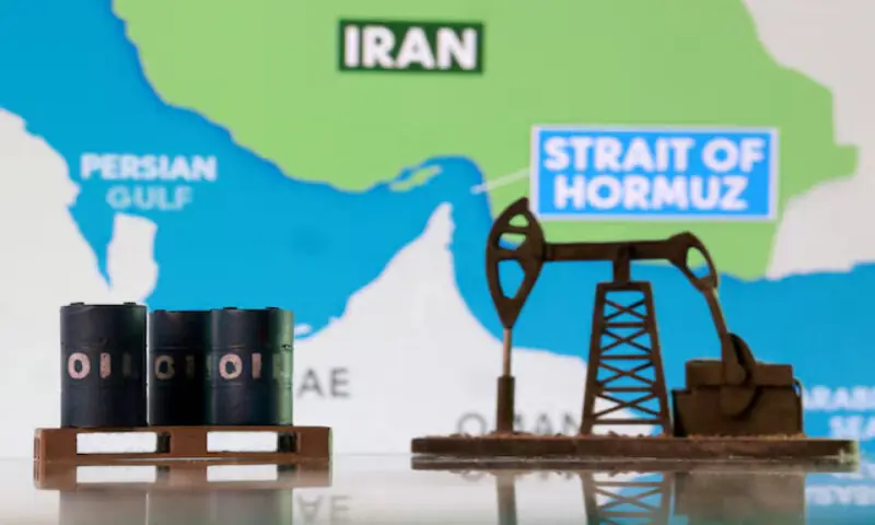 An illustration shows 3D-printed oil barrels, an oil pump jack and a map showing the Strait of Hormuz and Iran. &ndash; Reuters