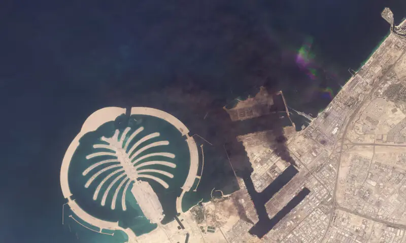 A satellite image of Jebel Ali Port, after one of the berths caught fire because of debris from an intercepted missile, in Dubai. – Reuters A satellite image of Jebel Ali Port, after one of the berths caught fire because of debris from an intercepted missile, in Dubai. – Reuters
