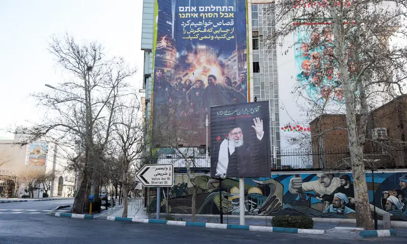 A sign in tribute to Iran&rsquo;s late Supreme Leader Ayatollah Ali Khamenei is displayed on a street, after he was killed in Israeli and U.S. strikes on Saturday, in Tehran, Iran. &ndash; Reuters