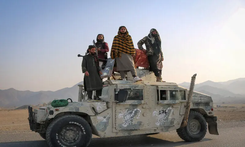 Taliban soldiers pose as they stand on a Humvee in Momand Dara, Nangarhar province, Afghanistan. &ndash; Reuters file