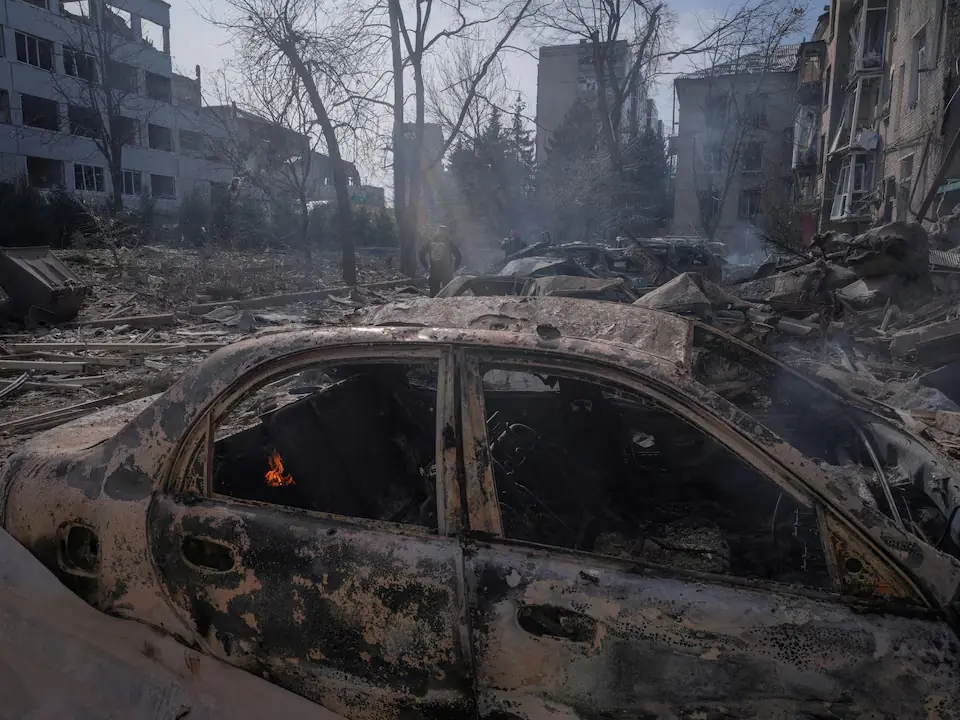 Cars and apartment buildings were hit by a Russian air strike in the frontline town of Druzhkivka in the Donetsk region, Ukraine. &ndash; Reuters