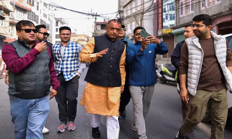 Prime ministerial candidate and President of Nepali Congress party Gagan Kumar Thapa arrives at a polling station to vote in Kathmandu, Nepal. &ndash; Reuters