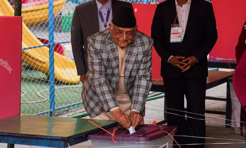 Former prime minister K.P Sharma Oli casts his vote during the general election in Bhaktapur, Nepal, on Thursday. &ndash; Reuters