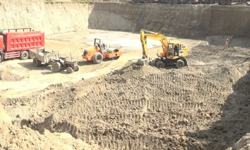 View of the dig site for under ground rainwater storage tank, Lahore, Pakistan.