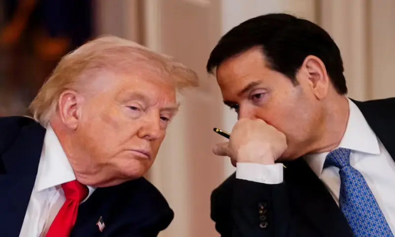 US President Donald Trump listens to Secretary of State Marco Rubio during a round-table in the White House in Washington, DC. &ndash; Reuters