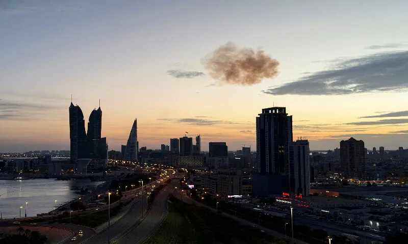 Smoke rises after an Iranian drone was intercepted over the Bahrain Financial Harbour towers, which houses the Israeli embassy,in Manama, Bahrain. &ndash; Reuters