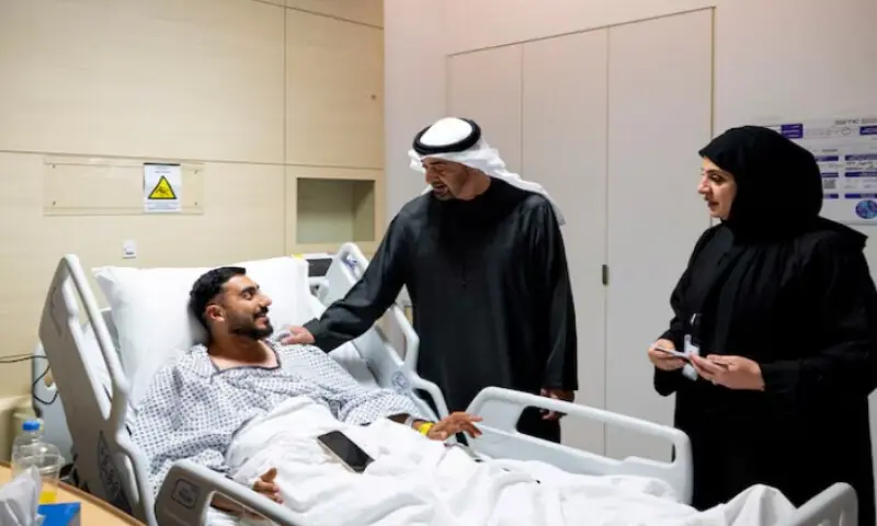 UAE President Sheikh Mohamed bin Zayed Al Nahyan meets an injured patient receiving treatment at a hospital in Abu Dhabi on March 6, 2026. Reuters