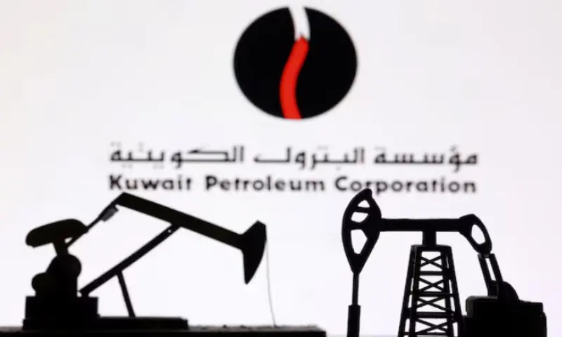 3D-printed oil pump jacks and the Kuwait Petroleum Corporation logo appear in this illustration taken March 2, 2026. Reuters file