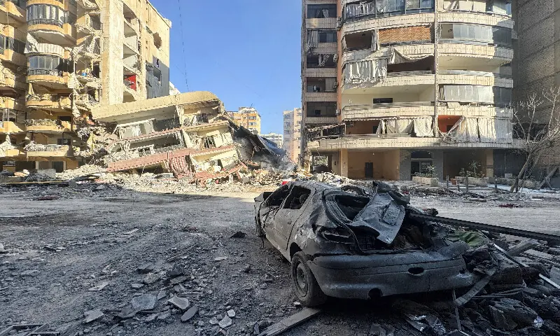 A building lies damaged after an Israeli strike in Beirut&rsquo;s southern suburbs, Lebanon, on Monday. &ndash; Reuters