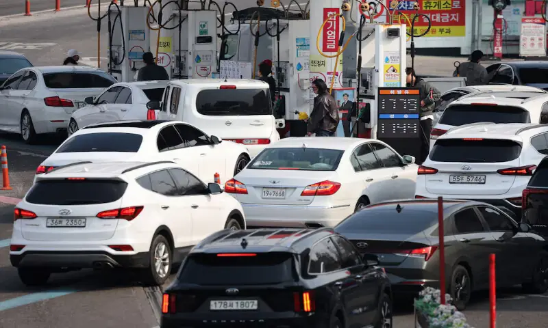 Cars line up at a gas station in Seoul, South Korea, on Monday. &ndash; Reuters